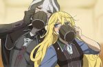  2girls bangs black_cape black_gloves black_hair black_jacket blonde_hair blurry blurry_background blush cape commentary_request cup depth_of_field drinking drunk eyebrows_visible_through_hair gloves grey_hair hair_between_eyes highres holding jacket long_hair long_sleeves looking_at_another lyza made_in_abyss mi_(pic52pic) mug multiple_girls ozen short_hair sweatdrop upper_body whistle 