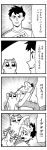  1boy 4koma :3 absurdres animal arms_up bangs bkub cat comic emphasis_lines greyscale highres hitting holding holding_animal holding_cat kitty_tonight monochrome pants shirt short_hair simple_background smile speech_bubble speed_lines sweatdrop t-shirt talking translation_request two-tone_background upper_body 