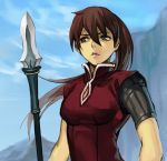  1girl balsa bangs blue_eyes blue_sky breasts brown_hair day dress hair_between_eyes hankuri holding holding_weapon large_breasts outdoors parted_lips pink_lips polearm ponytail red_dress seirei_no_moribito short_sleeves sky solo spear weapon 