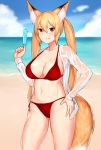  1girl :3 animal_ears beach blonde_hair blush breasts cleavage collarbone eyebrows_visible_through_hair food fox_ears fox_tail hand_on_hip highres large_breasts long_hair looking_at_viewer mathew_(srmmk_mce) navel ocean original outdoors popsicle red_eyes smile solo swimsuit tail tongue tongue_out twintails very_long_hair 