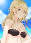  1girl alternate_hairstyle beach bikini black_bikini blonde_hair blue_eyes blurry blurry_background blurry_foreground breasts cleavage closed_mouth clouds cloudy_sky collarbone commentary darjeeling day depth_of_field eyebrows_visible_through_hair girls_und_panzer hair_down long_hair looking_at_viewer medium_breasts o-ring_bikini ocean outdoors sky smile solo swimsuit tam_a_mat water_drop wet 