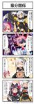  2girls 4koma animal_costume anti-materiel_rifle bag blush blush_stickers braid censored comic commentary_request costume drooling fatkewell girls_frontline gloves gun hair_ribbon halloween highres iws-2000_(girls_frontline) machine_gun mosaic_censoring multiple_girls negev_(girls_frontline) open_mouth paper_bag phone pink_hair ponytail red_eyes ribbon rifle scythe side_ponytail skirt sniper_rifle taking_picture translation_request weapon white_hair yellow_eyes 