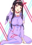  1girl bangs black_hair bodysuit breasts cosplay covered_navel d.va_(overwatch) darling_in_the_franxx erect_nipples facial_mark hairband horns large_breasts long_hair looking_at_viewer overwatch pilot_suit purple_bodysuit red_eyes shiny shiny_clothes sidelocks sieyarelow simple_background sitting solo wariza whisker_markings white_hairband 