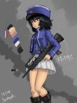  1girl andou_(girls_und_panzer) artist_name assault_rifle bangs bc_freedom_(emblem) bc_freedom_military_uniform black_footwear black_hair blue_hat blue_jacket blue_vest blurry boots brown_eyes bullpup closed_mouth color_guide commentary dark_skin dated dress_shirt emblem famas french_flag frown girls_und_panzer grey_background gun hat high_collar highres holding holding_gun holding_weapon jacket knee_boots long_sleeves looking_at_viewer medium_hair military military_hat military_uniform miniskirt pleated_skirt rifle shako_cap shirt signature skirt solo standing tacch uniform vest weapon white_shirt white_skirt 
