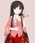 1girl bangs black_eyes brown_background brown_hair closed_mouth floral_print hand_on_own_shoulder houraisan_kaguya jeweled_branch_of_hourai long_hair looking_at_viewer miyo_(ranthath) sidelocks simple_background skirt solo torn_clothes touhou very_long_hair