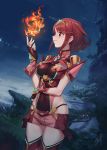  1girl breasts closed_mouth covered_navel cowboy_shot earrings eyebrows_visible_through_hair fingerless_gloves fire flame gem gloves hand_up headpiece highres pyra_(xenoblade) impossible_clothes impossible_leotard jewelry leotard medium_breasts night night_sky outdoors profile pyrokinesis red_eyes red_gloves red_legwear red_leotard red_shorts redhead shiny shiny_hair short_hair short_shorts shorts shoulder_armor shoulder_pads sidelocks skin_tight skindentation sky smile solo standing tareme thigh-highs tugo wrist_guards xenoblade_(series) xenoblade_2 