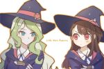  2girls atobesakunolove blue_eyes blue_ribbon blush brown_hair closed_mouth collared_shirt commentary_request copyright_name diana_cavendish eyebrows_visible_through_hair green_hair hat kagari_atsuko little_witch_academia long_hair looking_at_another multiple_girls neck_ribbon one_side_up outline purple_hat red_eyes ribbon robe shirt upper_body white_background wing_collar witch_hat 