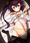  1girl azur_lane bed_sheet beige_sweater black_hair black_legwear blush bow clothes_lift commentary_request eyebrows_visible_through_hair hair_between_eyes hair_bow hair_ornament highres isuzu_(azur_lane) long_hair long_sleeves looking_at_viewer lying navel on_back on_bed open_mouth oversized_clothes panties pantyhose pantyhose_pull polka_dot polka_dot_panties red_eyes shirt shirt_lift side_ponytail sleeves_past_wrists solo sweater sweater_lift tearing_up underwear white_shirt yellow_bow yellow_panties 