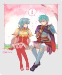  1boy 1girl 2900cm armor blue_hair breastplate cape eirika ephraim fingerless_gloves fire_emblem fire_emblem:_seima_no_kouseki gloves green_eyes highres long_hair pauldrons siblings skirt thigh-highs twins 