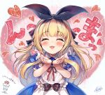  1girl :d ^_^ akabane_(zebrasmise) apron bangs black_ribbon blonde_hair blown_kiss blue_dress blush closed_eyes collared_dress commentary_request dress eyebrows_visible_through_hair facing_viewer fingernails hair_ribbon hands_up heart long_hair maid_apron mononobe_alice nijisanji open_mouth puffy_short_sleeves puffy_sleeves red_ribbon ribbon short_sleeves signature smile solo sparkle translation_request very_long_hair virtual_youtuber white_apron 
