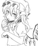  1girl ascot bangs blush bow eyebrows_visible_through_hair flandre_scarlet greyscale hair_between_eyes hand_up hat hat_bow looking_at_viewer miyo_(ranthath) mob_cap monochrome puffy_short_sleeves puffy_sleeves short_sleeves side_ponytail simple_background solo tongue tongue_out touhou upper_body white_background 