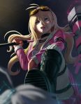  1girl absurdres antenna_hair barbed_wire blonde_hair blue_eyes boots breasts choker commentary dangan_ronpa goggles goggles_on_head highres huge_weapon iruma_miu jacky_lau long_hair looking_at_viewer looking_down making_of mallet new_dangan_ronpa_v3 over_shoulder pink_skirt revision school_uniform serafuku skirt solo_focus spikes stepped_on weapon weapon_over_shoulder 