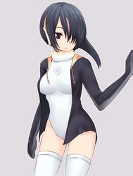  1girl black_hair breasts brown_eyes closed_mouth cowboy_shot emperor_penguin_(kemono_friends) grey_background hair_over_one_eye headphones highres hood hoodie kemono_friends leotard looking_at_viewer medium_breasts miyo_(ranthath) multicolored_hair one_eye_covered open_clothes open_hoodie ribbon simple_background solo streaked_hair thigh-highs thigh_ribbon white_legwear white_leotard 