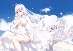  1girl absurdres ahoge aircraft airplane artist_name azur_lane bangs bare_shoulders blue_eyes blunt_bangs blush breasts bridal_veil center_opening cleavage closed_mouth covered_navel detached_collar dress elbow_gloves eyebrows_visible_through_hair feet_out_of_frame flower garter_straps gloves hair_flower hair_ornament highres illustrious_(azur_lane) kumei large_breasts layered_dress long_hair looking_at_viewer petals railing sitting skirt_hold sleeveless sleeveless_dress smile solo tareme thigh-highs tiara veil very_long_hair white_dress white_gloves white_hair white_legwear 