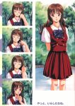  1girl adjusting_hair arms_behind_back brown_hair closed_eyes hair_twirling hand_on_own_face highres idol_mahjong_final_romance_2 long_hair looking_at_viewer official_art outdoors panels pleated_skirt red_eyes short_sleeves skirt smile standing sugiyama_genshou 