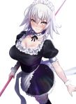  1girl alternate_costume apron bangs black_dress blush breasts broom choker cleavage collarbone detached_collar dress enmaided eyebrows_visible_through_hair fate/grand_order fate_(series) frilled_choker frilled_dress frills hair_between_eyes jeanne_d&#039;arc_(alter)_(fate) jeanne_d&#039;arc_(fate)_(all) large_breasts looking_at_viewer maid maid_apron maid_headdress pale_skin polearm puffy_short_sleeves puffy_sleeves ribbon short_hair short_sleeves silver_hair simple_background smile solo spear thigh-highs untsue waist_apron weapon white_background white_legwear wrist_cuffs yellow_eyes 