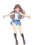 1girl :d bangs bare_arms bare_shoulders black_legwear blue_shirt blue_skirt bow bowtie brown_footwear brown_hair eyebrows_visible_through_hair full_body hair_between_eyes hair_ornament kneehighs loafers long_hair nagisa_kurousagi navel open_mouth outstretched_arms pleated_skirt red_eyes red_neckwear shirt shoes simple_background skirt sleeveless sleeveless_shirt smile solo spread_arms standing tokino_sora tokino_sora_channel upper_teeth very_long_hair virtual_youtuber white_background 