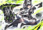  1girl animal_hat axe bangs black_dress black_hair black_hat black_legwear capelet commentary_request dress fur-trimmed_capelet fur_trim grey_capelet hair_between_eyes hat holding holding_axe loafers long_sleeves mamuru original red_eyes shoes solo thigh-highs 