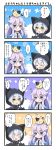  ...? /\/\/\ 0_0 2girls 4koma :&lt; :3 :d ? animal animal_hood animal_on_head bangs beamed_sixteenth_notes black_hoodie black_neckwear blue_eyes blue_hair blush breasts cat cat_hood cat_on_head closed_mouth collared_shirt comic commentary_request directional_arrow eighth_note eyebrows_visible_through_hair fang fuyou-chan gradient_hair hair_between_eyes highres hood hood_up looking_at_viewer medium_breasts milkpanda multicolored_hair multiple_girls musical_note necktie on_head open_mouth original parted_lips purple_hair shirt smile star sweat translation_request triangle_mouth white_shirt yellow_eyes 