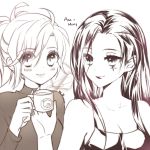 2girls alternate_costume ana_(overwatch) artist_name atobesakunolove bare_shoulders blush breasts cleavage closed_mouth cup eyes eyes_visible_through_hair facial_mark greyscale holding holding_cup long_hair looking_at_viewer medium_breasts mercy_(overwatch) monochrome multiple_girls overwatch ponytail signature smile sweater younger yuri 