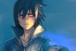  1boy blue_background commentary_request grey_jacket hair_between_eyes hankuri heterochromia high_collar jacket looking_at_viewer male_focus naruto parted_lips red_eyes sharingan simple_background solo spiky_hair uchiha_sasuke upper_body yellow_eyes 