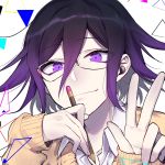  1boy abstract_background bespectacled black_hair close-up closed_mouth collared_shirt dangan_ronpa eyebrows_visible_through_hair face glasses gradient_hair hair_between_eyes highres holding holding_pencil long_sleeves looking_at_viewer male_focus multicolored_hair nanin new_dangan_ronpa_v3 ouma_kokichi pencil purple_hair red_eyes shirt sleeves_past_wrists smile solo sweater triangle tsurime v violet_eyes wing_collar yellow_sweater 