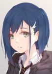  1girl absurdres alternate_costume collared_shirt darling_in_the_franxx eyelashes face fei_mao green_eyes hair_ornament hairclip half-closed_eyes highres hood hoodie ichigo_(darling_in_the_franxx) looking_at_viewer necktie parted_lips school_uniform shirt short_hair solo striped_neckwear 