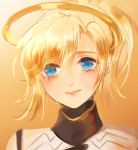  1girl atobesakunolove blonde_hair blue_eyes closed_mouth commentary_request crying crying_with_eyes_open eyebrows_visible_through_hair halo highres looking_at_viewer mercy_(overwatch) orange_background overwatch ponytail portrait smile solo tears 