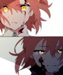  1girl blood blood_on_face bloody_clothes closed_mouth collared_jacket commentary_request crying crying_with_eyes_open face fate/grand_order fate_(series) fujimaru_ritsuka_(female) hair_between_eyes hair_ornament hair_scrunchie hiiragi_fuyuki jacket looking_at_viewer orange_hair scrunchie short_hair solo tears white_jacket wing_collar yellow_eyes 