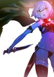  1girl :o armpits bandage bandaged_arm bangs bare_shoulders black_legwear black_panties blush breasts buckle cape_removed contrapposto crop_top dagger facial_scar fate_(series) faulds green_eyes groin head_tilt holding holding_weapon jack_the_ripper_(fate/apocrypha) looking_at_viewer navel open_mouth outstretched_arm panties rano sanpaku scar scar_across_eye shiny shiny_hair silver_hair simple_background small_breasts solo standing stomach tareme thigh-highs underwear weapon white_background 