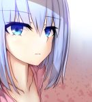  1girl aoi_kao_(lsz7106) blue_eyes breasts collarbone commentary commentary_request date_a_live expressionless hair_between_eyes highres looking_at_viewer medium_breasts pink_shirt shirt silver_hair solo tobiichi_origami 