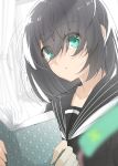  1girl :o aqua_eyes black_hair black_sailor_collar black_serafuku black_shirt blurry blurry_foreground blush book depth_of_field eyebrows_visible_through_hair eyes_visible_through_hair highres holding holding_book messy_hair multicolored_hair open_book original parted_lips sailor_collar school_uniform serafuku shiime shirt short_hair solo streaked_hair tareme two-handed upper_body white_hair 