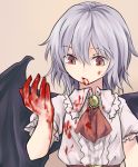  1girl ascot bangs bat_wings black_wings blood blood_on_face bloody_clothes bloody_hands brooch brown_background closed_mouth eyebrows_visible_through_hair grey_hair jewelry miyo_(ranthath) multicolored multicolored_eyes remilia_scarlet short_hair short_sleeves simple_background solo touhou upper_body wings 