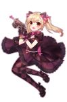 1girl :d animal_ears argyle argyle_legwear atobesakunolove bangs bell black_cat_d.va blonde_hair bow bowtie breasts brown_dress brown_eyes brown_gloves cat_ears cleavage cleavage_cutout d.va_(overwatch) dress earrings fang full_body gloves gun hair_bow handgun heart heart_earrings high_heels highres holding holding_gun holding_weapon jewelry jingle_bell looking_at_viewer open_mouth overwatch pantyhose pink_bow pink_neckwear pistol puffy_short_sleeves puffy_sleeves short_sleeves smile solo transparent_background twintails weapon 