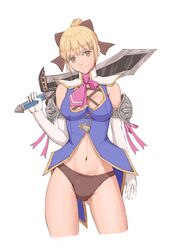  1girl armor bare_shoulders blonde_hair bow breasts cassandra_alexandra cleavage contrapposto cowboy_shot elbow_gloves gloves gluteal_fold green_eyes holding holding_sword holding_weapon midriff navel over_shoulder panties popo_agaga short_hair simple_background smile solo soul_calibur soulcalibur_iv sword underwear weapon weapon_over_shoulder 