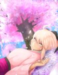  1girl black_bow blonde_hair bow cherry_blossoms fate/grand_order fate_(series) hair_bow highres japanese_clothes looking_at_viewer lying ohako_(ohako1818) okita_souji_(fate) on_back petals solo tree yellow_eyes 