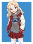  1girl :d badge blonde_hair blue_background blue_eyes button_badge casual clothes_writing cowboy_shot eyebrows_visible_through_hair girls_und_panzer grey_shirt hair_intakes hands_in_pockets hood hoodie jacket kay_(girls_und_panzer) letterman_jacket light_smile long_hair looking_at_viewer mutsu_(layergreen) open_clothes open_jacket open_mouth outside_border print_shirt red_jacket shirt smile solo standing star thigh-highs white_legwear 