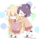  2girls :d ^_^ ahoge bafarin black_legwear blonde_hair blue_eyes cardigan chibi closed_eyes commentary_request eighth_note from_side full_body gabriel_dropout hair_ornament hairclip hands_in_pockets happy highres hug jitome long_hair multicolored multicolored_polka_dots multiple_girls musical_note open_mouth pink_hoodie pleated_skirt polka_dot polka_dot_background profile purple_hair red_skirt school_uniform signature skirt smile tenma_gabriel_white tsukinose_vignette_april twitter_username very_long_hair white_background x_hair_ornament 