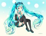  1girl absurdres aqua_hair artist_name blue_background blue_eyes blush boots detached_sleeves full_body gradient gradient_background hatsune_miku headphones highres long_hair nakatsu_kon necktie sitting skirt solo thigh-highs thigh_boots twintails very_long_hair vocaloid white_background 