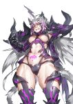  1girl animal_ears atalanta_(alter)_(fate) breasts cat_ears cat_tail clenched_teeth fate/grand_order fate_(series) gauntlets glaring green_eyes grey_hair highres long_hair looking_at_viewer melon22 navel pauldrons pubic_tattoo purple_hair slit_pupils solo tail tattoo teeth very_long_hair 
