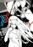  1girl darling_in_the_franxx fang finger_to_mouth greyscale hair_over_breasts hair_over_one_eye half-closed_eyes horns karasu_raven looking_at_viewer monochrome navel nude smile solo_focus strelizia teeth zero_two_(darling_in_the_franxx) 