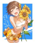  1girl bare_shoulders blush breasts brown_hair cleavage closed_eyes commentary flower honda_mio idolmaster idolmaster_cinderella_girls jewelry midriff necklace open_mouth p-head_producer skirt smile sunflower swimsuit yellow_skirt zattape 
