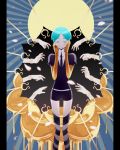  androgynous aqua_eyes aqua_hair arrow full_moon gem_uniform_(houseki_no_kuni) gold golden_arms hands hands_on_own_face highres houseki_no_kuni moon nao_(necomugi) necktie phosphophyllite sad short_hair solo tsuki_jin 