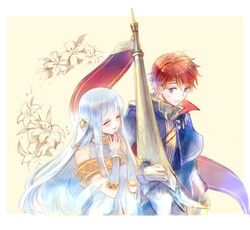  1boy 1girl bare_shoulders blue_hair cape closed_eyes dress eliwood_(fire_emblem) fire_emblem fire_emblem:_rekka_no_ken fire_emblem_heroes gloves hair_ornament long_hair mamkute ninian open_mouth redhead short_hair smile 