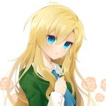  1girl ascot atobesakunolove blonde_hair blue_eyes blue_neckwear character_name collared_shirt crying crying_with_eyes_open dress eyebrows_visible_through_hair green_dress hair_between_eyes highres holding holding_knife ib knife long_hair long_sleeves looking_at_viewer mary_(ib) parted_lips shirt solo tears upper_body white_background wing_collar 