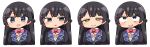  1girl :d bangs black_blazer black_hair blazer blue_eyes blush bow bowtie braid brown_eyes closed_mouth collared_shirt eyebrows_visible_through_hair hair_ornament hairclip half-closed_eyes jacket kanikama long_hair multiple_views nijisanji open_mouth pink_neckwear school_uniform shirt simple_background smile sweater tsukino_mito very_long_hair virtual_youtuber white_background white_shirt 