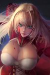  1girl ahoge blonde_hair blood blood_on_breasts blood_on_face breasts cleavage cleavage_cutout dress dripping epaulettes fate/extra fate_(series) fighting_stance green_eyes hair_intakes highres large_breasts lips long_hair looking_at_viewer nero_claudius_(fate) nero_claudius_(fate)_(all) parted_lips plaster_(2501) red_dress shiny shiny_hair solo upper_body v-shaped_eyebrows 