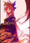  1girl animal_ears bow breasts cleavage eyebrows_visible_through_hair fate/grand_order fate_(series) fox_ears from_side hair_between_eyes hair_bow hair_ornament highres japanese_clothes kimono long_hair looking_at_viewer orange_eyes redhead smile solo tamamo_(fate)_(all) tamamo_no_mae_(fate) 
