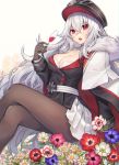  .com_(cu_105) 1girl :o alcohol arm_at_side azur_lane bangs black_hat black_jacket breasts brown_gloves brown_legwear cleavage cup drinking_glass eyebrows_visible_through_hair feet_out_of_frame flower flower_request fur-trimmed_capelet gloves graf_zeppelin_(azur_lane) hair_between_eyes hat holding holding_drinking_glass iron_cross jacket legs_crossed long_hair long_sleeves looking_at_viewer medium_breasts military military_uniform miniskirt open_mouth pantyhose pleated_skirt red_eyes shirt silver_hair simple_background skirt sleeve_cuffs solo tsurime uniform very_long_hair white_background white_capelet white_shirt wine 