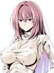  1girl blush breasts closed_mouth eyebrows_visible_through_hair fate/grand_order fate_(series) hair_between_eyes large_breasts long_hair long_sleeves looking_at_viewer matsunaga_garana purple_hair red_eyes ribbed_sweater scathach_(fate/grand_order) simple_background smile solo sweater turtleneck turtleneck_sweater upper_body 
